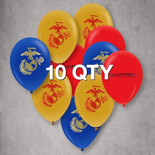 Image of U.S. Marines Party Balloons (10pcs) 12 inch Latex Balloons in Red, Gold, and Blue with contrasting print on 2 sides. Officially Licensed by the U.S.Marines - Made in Italy - by Havercamp.