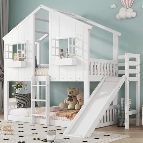 YCYDHDM Litera de 90 x 200 cm con tobogán y barrera anticaídas, cama alta de madera con techo y somier, diseño de valla de seguridad, cama para niños y adolescentes, color blanco
