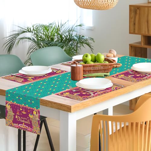 Howaf Happy Diwali Table Runner With Diwali Place Mat For Festival Of Lights Party Decoration, Diwali Diya Table Liner With Placemats For Indian Deepavali Diwali Rangoli Dining Supplies,Set Of 5 thumb #5