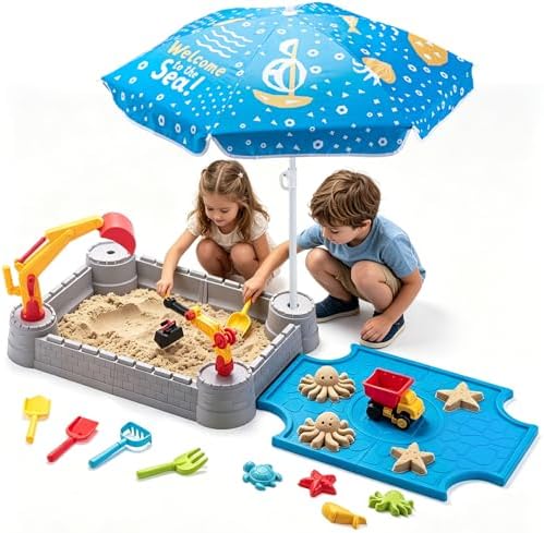 Excavator Sandbox for Kids with Lid and Umbrella, Working Digger, Dump Truck and 8 Sand Toys, Outdoor Construction Playset for Backyard and Beach, Ages 3+