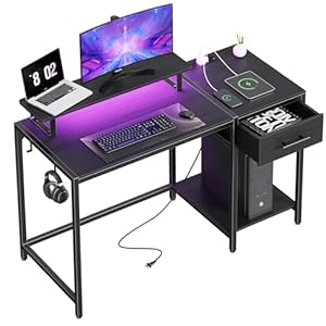 Gaming Desk with Led Lights and Power Outlets,47 Inch Computer Desk with Storage Drawers,Monitor Stand and Pc Holder,Home Office Desk for Small Space,Black