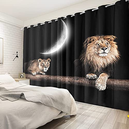 African Lion Leopard Blackout Curtains, Wild Animals 3D Printed Grommet Thermal Insulated Window Curtain For Bedroom Living Room 2 Panels (72" W X 72" L) #TOP3