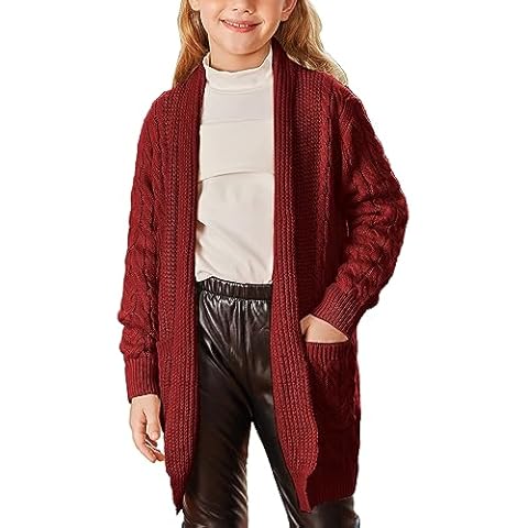 Girl Long Cardigan Open Front Cable Knit Shurg Long Sleeve Sweater Size 5-12 Years Dark Red Cover
