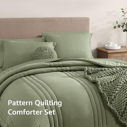 Image of Monbix Full Size Comforter Set - 7 Pieces Sage Bed in a Bag Full Size Bedding Sets with Comforters, All Seasons Comforter Bed Set with Sheets, Pillowcases & Shams