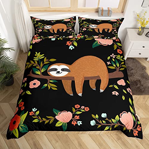 Erosebridal Cute Floral Sloth Pattern Bedding Set Botanical Jungle Duvet Cover Sloth Tree Branch Black Brown Comforter Duvet Covers 3 Pieces Cartoon Animal Gifts (Queen)