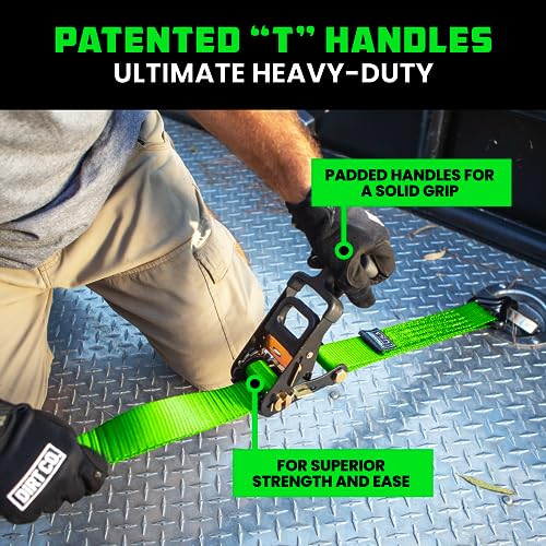 Rhino USA Car Tie Down Straps for Trailers with J Hooks (4-Pack) – 2" x8' (10,000lb Break Strength) – Heavy Duty Car Hauler Tire Straps with Axle Straps for UTV, Powersports & More – Green