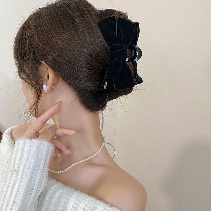 Black Bow Hair Clips for Women Girls 2Pcs Velvet Silky Satin Bow Claw Clip for Long Curly Thick Hair Strong Hold Bowknot Hair Barrettes Claw Jaw Nonslip Hair Catch Clamps Large Hair Accessories - Image 2
