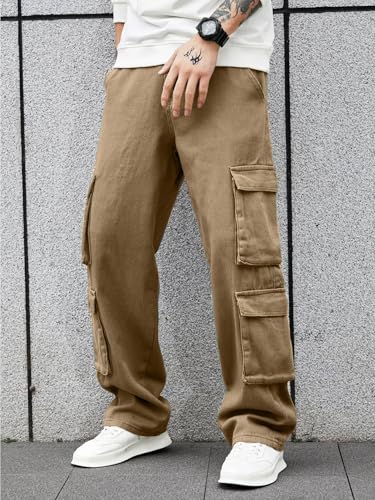 Image of Men's 8 Pocket Cargo Pants | Premium Cotton Twill Baggy Fit Trousers | Stretchable Casual Streetwear Cargos | Mid Rise