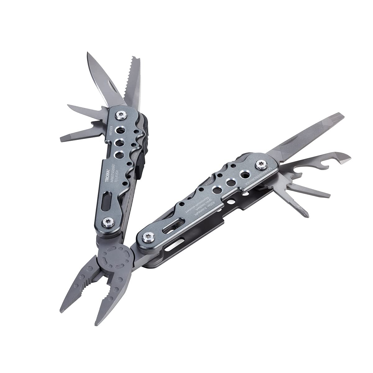 TROIKA Outil de Travail - TOL41/GY - Outil Multifonction avec 10 Fonctions - Ressort intégré et Fonction de Blocage - Pince, Couteau, scie, décapsuleur, ouvre-boîte - TROIKA Original