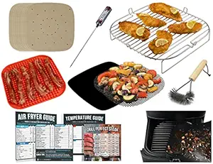 Air Fryer Accessories 12 pcs Compatible with Ninja, Power XL, Gourmia + more, 100pcs Parchment Paper Liners, Silicone Mat, Stainless Steel Rack, Reusable Mats, Magnetic Cheat Sheets, Brush Cleaner