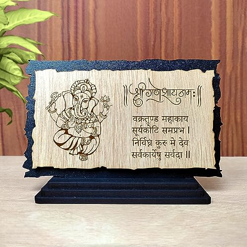 Image of Wooden Ganpati Idol Engraved 3x5 in Ganesha Statue for Car Dashboard Home Pooja Room Chaturthi Gajanan Maharaj Murti
