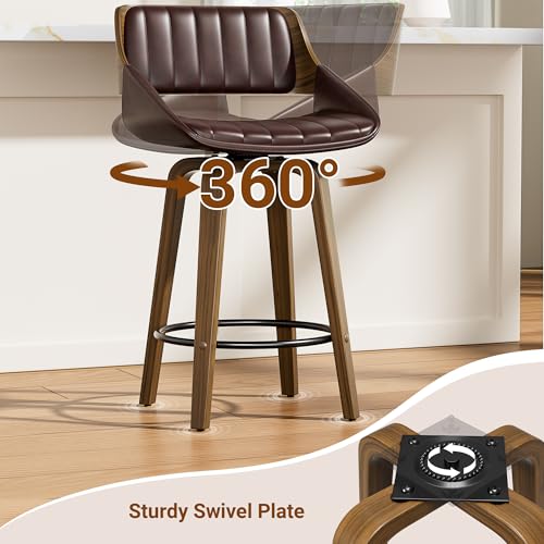 Image of YaFiti Bar Stools Set of 8, 26 inch Swivel Counter Height Barstools with Bentwood Back and Legs, Mid Century Modern Upholstered Faux Leather Counter Stools for Kitchen Island, Bar, Dining Room, Brown