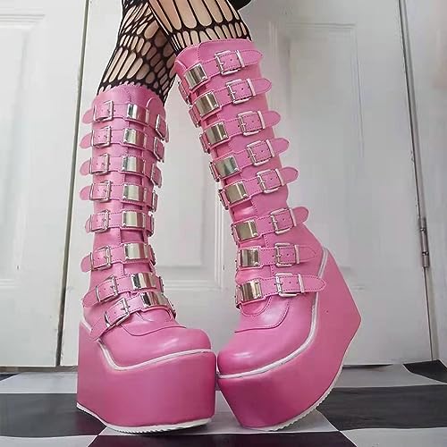 Image of Parisuit Women's Knee High Goth Platform Boots Lace Up Combat Boots