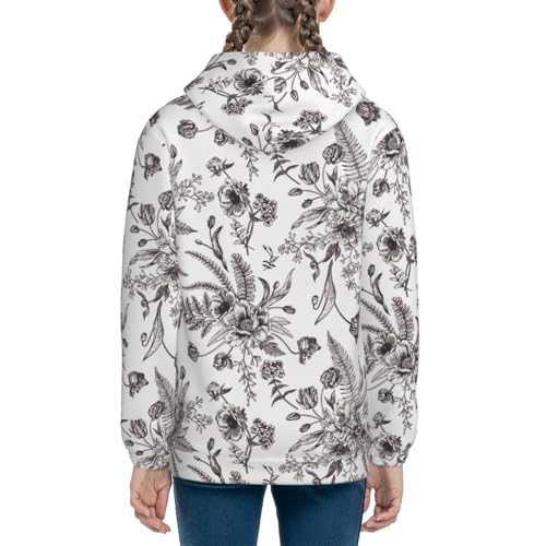 Black and White Flowers Kids Pullover Hoodies Boys Sweatshirts Girls Athletic Clothes with Pocket4