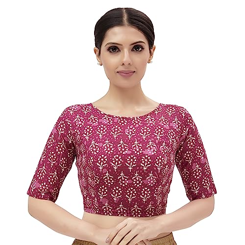 Image of Studio Shringaar Indigo Blue Print Cotton Saree Blouse with V Neck for Women