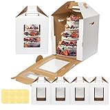 Mcfleet Tall Cake Boxes 4 Pack 10x10x12 for Tier Cakes with Window - 10 Inch Disposable Large Layer Bakery Carrier with Handle - Bakery Safe Transport Box for Wedding, Birthday, Party