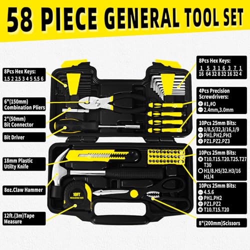 Image of 58-Piece Household Tool Set, Yellow Hand Kit With Storage Case (Pack of 2)