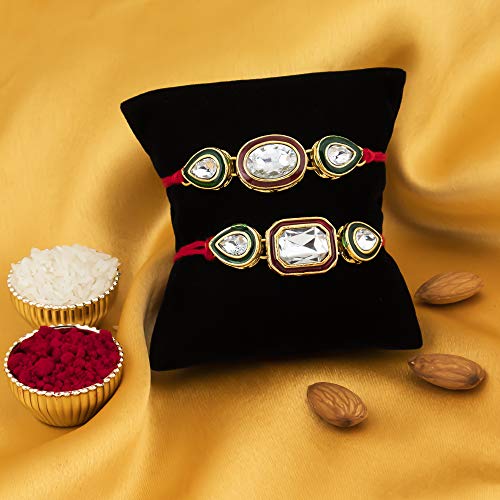 Image of Sukkhi Rakhi for Brother Stylish Kundan Combo & Designer Gold Plated with Roli Chawal & Greeting Card Set of 2