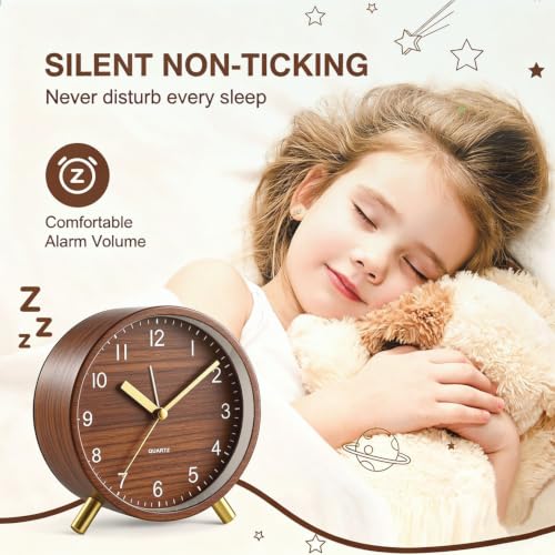 Analog Alarm Clock, Silent Non-Ticking with Night Light, Retro Fashionable Round Metal Alarm Clock for Office, Battery Operated, Bedroom, Elderly, Adults, Men Gifts Back to School,Wood-like Color - Image 2