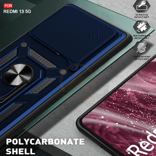 Image of Armor Bumper Back Cover Case for Redmi 13 5G / Poco M6 Plus 5G Rotating Camera Cover, Ring Holder & Kickstand | Heavy Duty & 360 Degree Protection Back Cover (Blue)