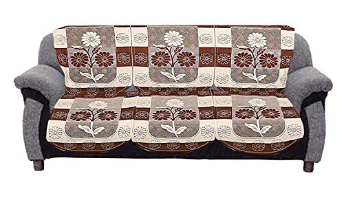 Image of Kuber Industries Circle Design Cotton 6 Seater Dining Table Cover (Brown, CTKTC32649) Flower Design Cotton 3 Seater Sofa Cover Set|Pack of 2 (Brown)