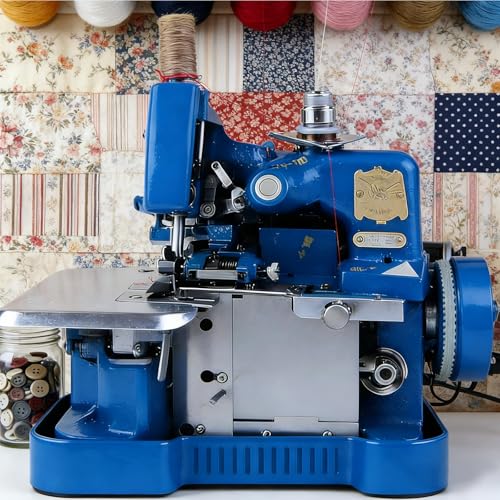 QianCruxtacy Surjeteuse Industrielle Robustesse Maximale, Cadre Métal, Vitesse Réglable 3000 PTS/Min, Kit Complet avec Pédale, équipée d'un Enfile-Aiguille Indépendant, pour Tissus épais & Cuir Blue