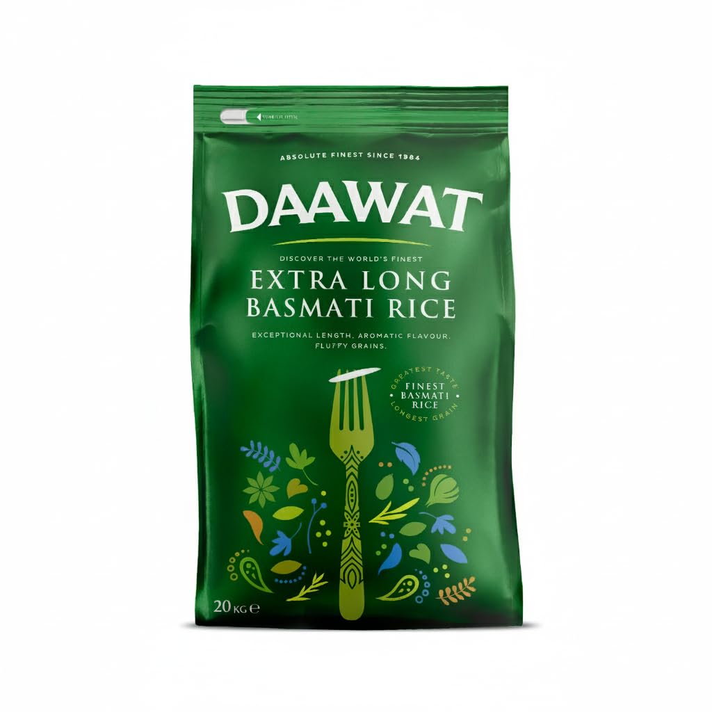 Daawat Extra langer Basmatireis mit außergewöhnlicher Länge, aromatischem Geschmack, flauschige Körner bis zu 24 mm wenn gekocht, antihaftbeschichtet und ideal für alle Arten von Gerichten – 20 kg