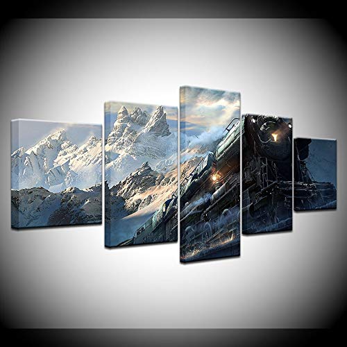 Tableau Mont Fuji et train pour salon : triptyque moderne 5 pièces