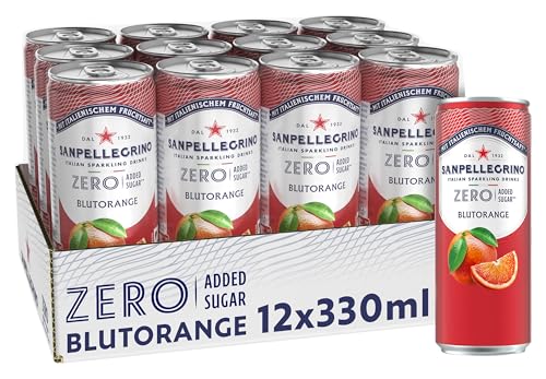San Pellegrino Blutorange Zero Added Sugar Blutorangen-Limonade mit 10% Fruchtsaft ohne Zuckerzusatz 12er Pack (12 x 330ml) Einweg-Dosen