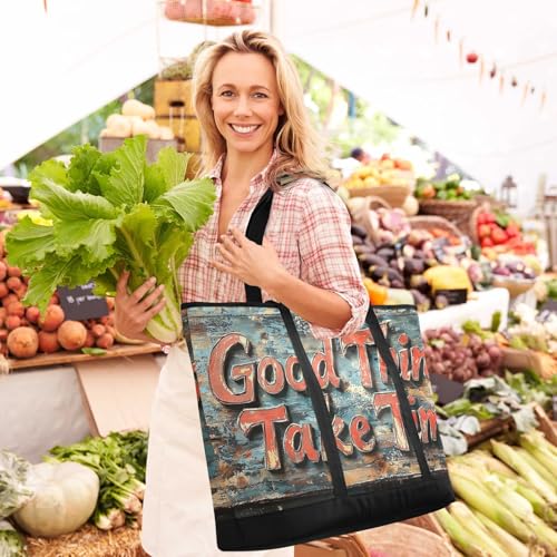 Good Things Take Time Large Insulated Tote Bag for Grocery Shopping Reusable Tote Bags for Women Men, Cooler Bag with Zippered Top & Handles for Beach Picnic Travel2