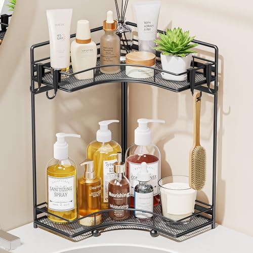 VITVITI 2-Tier Corner Bathroom Counter Organizer Bathroom Countertop Organizer Storage for Sink Metal Mesh Makeup Organizer for Vanity Countertop Kitchen with Hooks Black