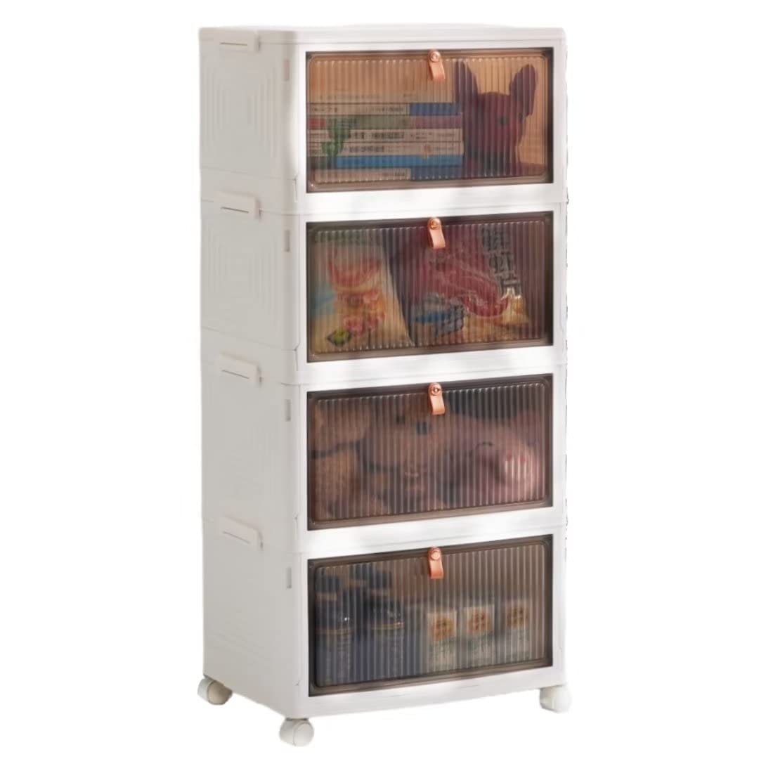 32Qt Plastic Stackable Bins Organizer - 4 Tier, with Lids, for Bedroom, Living Room, Kitchen, Study, Office - Durable Folding Storage Box