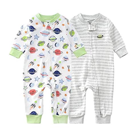 Teach Leanbh Baby 2-Pack Footless Pajamas Cotton Long Sleeve Printing 2 Way Zipper Romper Jumpsuit Sleep and Play 3-24 Months (12-18 Months, Planet) Cover