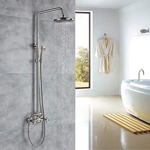 Rozin Bathroom 2 Cross Knobs Mixer Shower Combo Set 8-inch Rainfall Shower Head with Handheld Spray Brushed Nickel