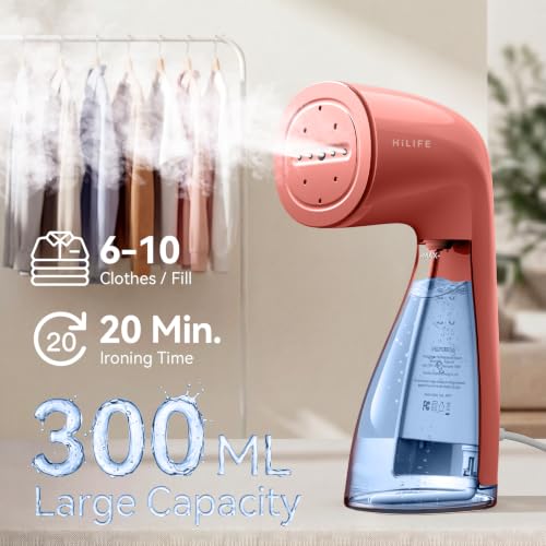 Image of HiLIFE Steamer for Clothes, Portable Handheld Design, 240ml Big Capacity, 700W, Strong Penetrating Steam, Removes Wrinkle, for Home, Office and Travel(ONLY FOR 120V) (Rose Pink)