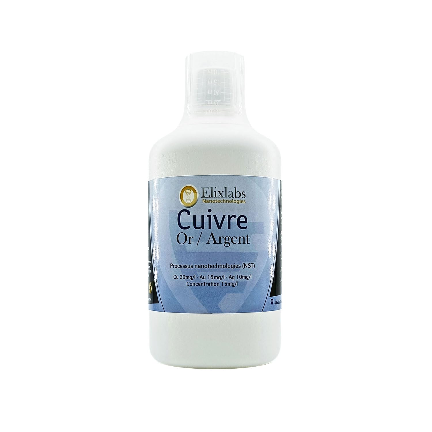 Rame oro argento - concentrazione di 10 mg/l (CU 8 mg/l – A 12 mg/l – Ag 10 mg/l) - 500 ml. Elixlabs® produzione francese di alta qualità e 100% naturale laboratorio certificato (Neutre)
