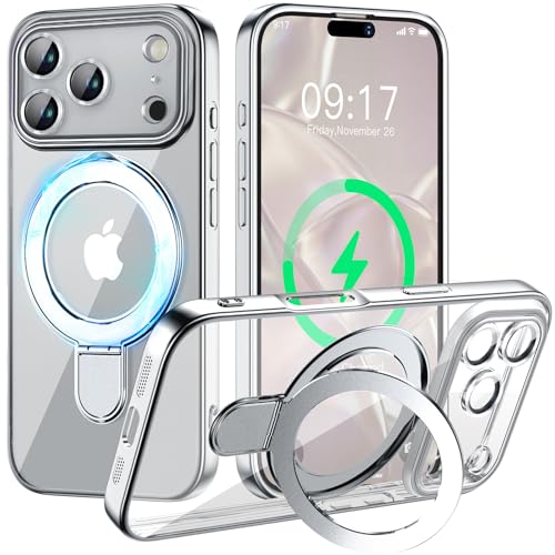 Image of Magnetic for iPhone 17 Pro Case with Invisible Stand[Compatible with MagSafe][Full Camera Lens Protector][Military Drop Protection] Shockproof Not Yellowing Clear Slim Soft for Women Men