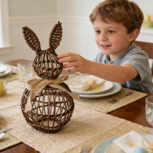 Figurine Lapin de Pâques en rotin tressé pour décoration de table - 4
