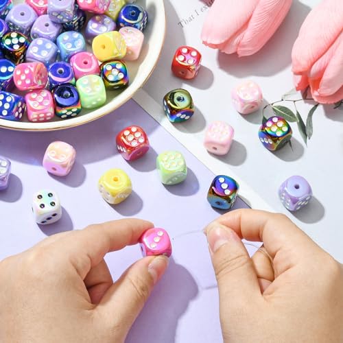 UR URLIFEHALL 50 Pcs Rainbow Iridescent Acrylic Dice Beads Colourful Square Spacer Beads for Jewellery Making Hairband Crafts Decoration - Image 3