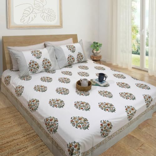Image of TOAI Hand Block Printed Bedsheet | Bed Spread Flatsheet Bed Sheet | Pure Cotton | Queen Size 90 inchx108 inch | 210 TC Luxury Cotton | 2 Reversible Pillow Covers |Earthy Mugal Motif