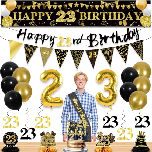 Image of 23rd Birthday Decorations for Men, Black Gold 23rd Party Decoration Kits | 27pcs Happy 23rd Birthday Set, Banner, Honeycomb, Balloons, Gold Number, Candle, Hanging Swirls, Cake Topper, Party Supplies