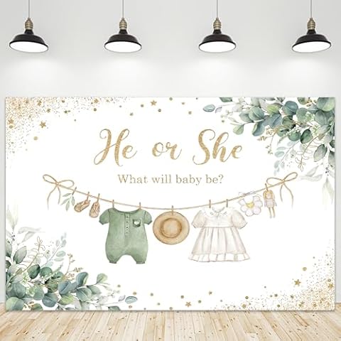 Riyidecor Sage Green Gender Reveal Backdrop Polyester Fabric He or She What Will Baby Be 5Wx3H Feet Boho Eucalyptus Watercolor Leaves Gold Dots Photography Background Baby Shower Photo Studio Shoot Cover