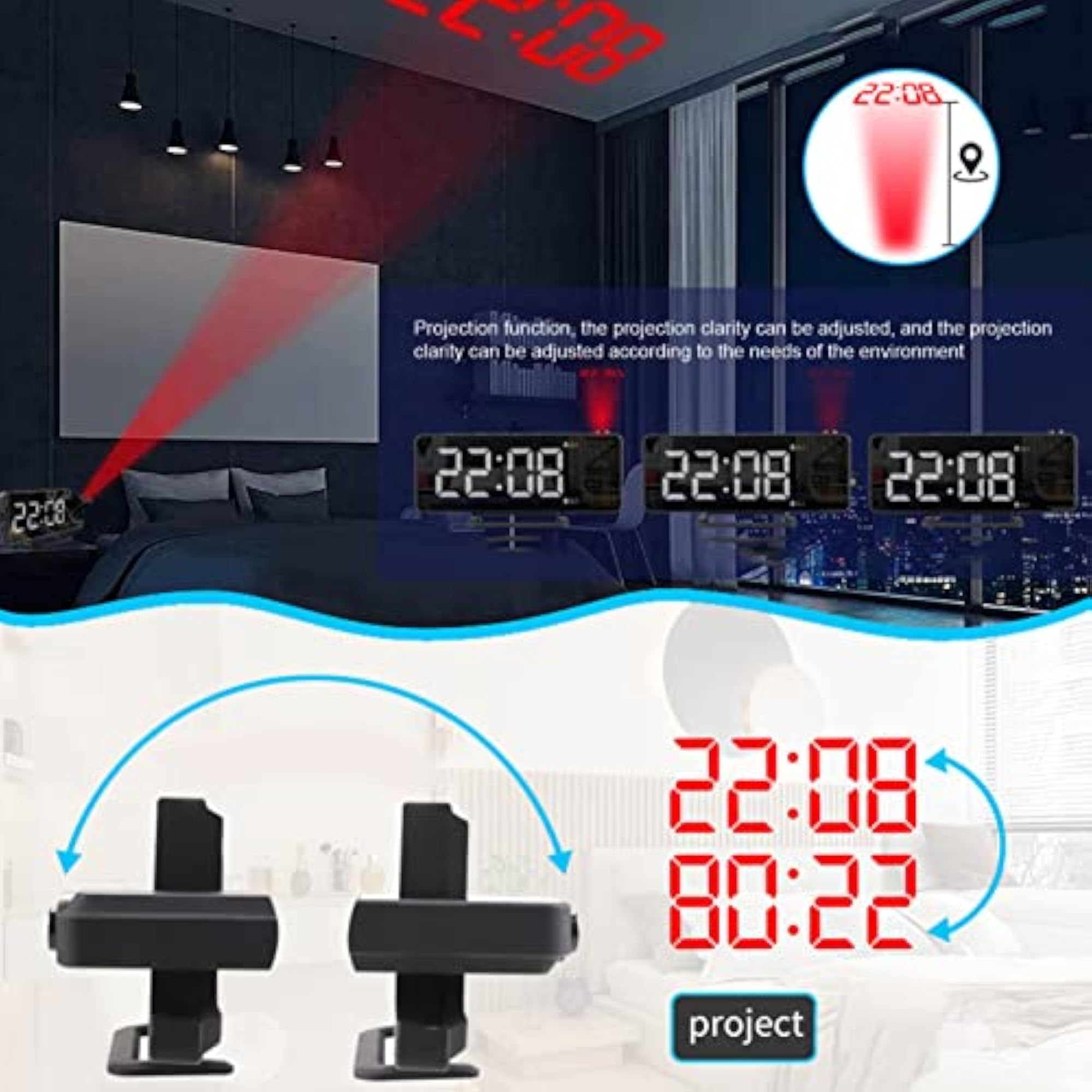 Projection Alarm Clock with Snooze Function, USB Output