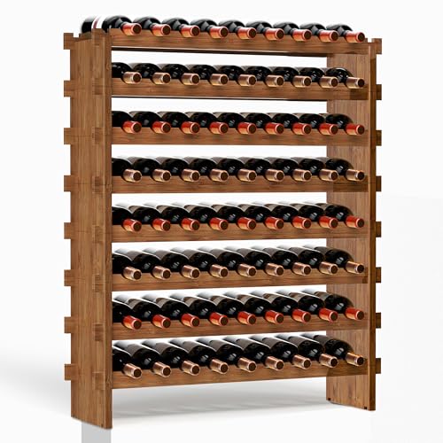 VASMIA Bamboo Stackable Wine Rack,72 Bottles Wine Rack Freestanding Floor,No Tools Assembly,8-Tier Display Wine Storage Shelf for Kitchen, Bar, Dining Room,Cellar,Walnut