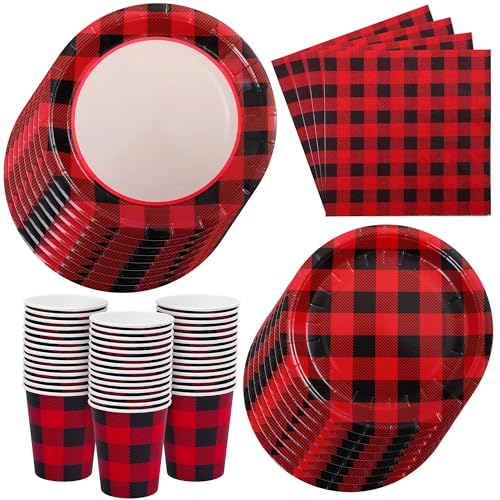 Aneco 200 Pieces Red and Black Buffalo Plaid Dinnerware for 50 Guests Disposable Buffalo Check Paper Plates Cups and Napkins Tableware for Baby Shower Party Decorations