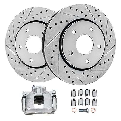 Image of Detroit Axle - Front Brake Kit for 2009-2012 Dodge Journey Drilled & Slotted Brakes Rotors Right Brake Caliper w /Bracket 2010 2011 Replacement : 11.89 inch Rotor
