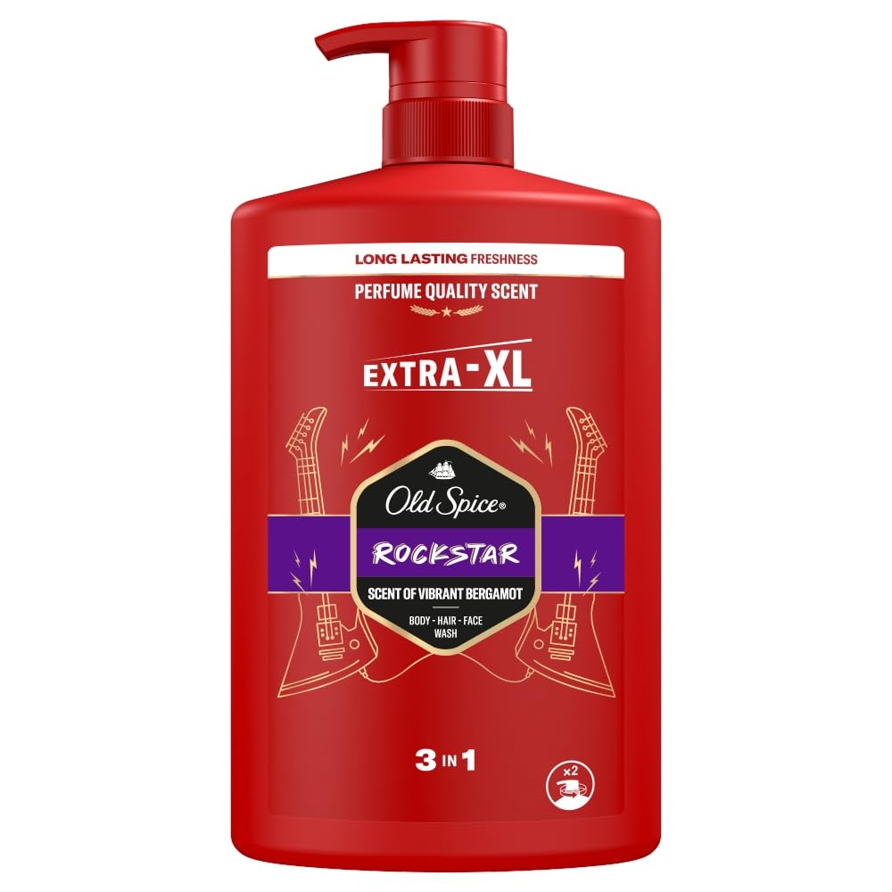 Old Spice Rockstar Shampooing multi-usages 3 en 1 pour cheveux, visage et corps, 1000 ml, fraîcheur longue durée, parfum de qualité parfumée, nettoyage en profondeur