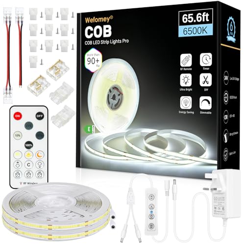Wefomey COB LED Strip Light with Remote, 20M Dimmable 6500K Super Bright Daylight White Led Lights Strip, 24V Flexible LED Tape Light for Bedroom, Kitchen, DIY Lighting (2 Rolls of 10M)