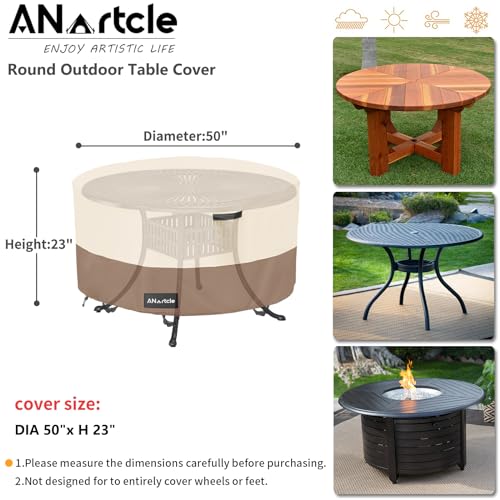 Image of ANartcle Round Patio Table Covers 50inch,100% Waterproof 600D Heavy Duty PatioTable Cover,Round Patio Table Covers for Outdoor Furniture,50 inchDIA x 23 inchH,Beige&brown.