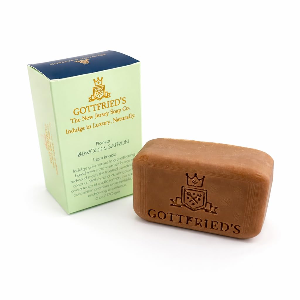 Gottfried's | Redwood & Saffron luxury soap. PIONEER Genre. 150 grams, handmade soap, redwood meets the tropical sweetness of coconut, Organic coconut oil. Extra virgin olive oil (12 Pack)